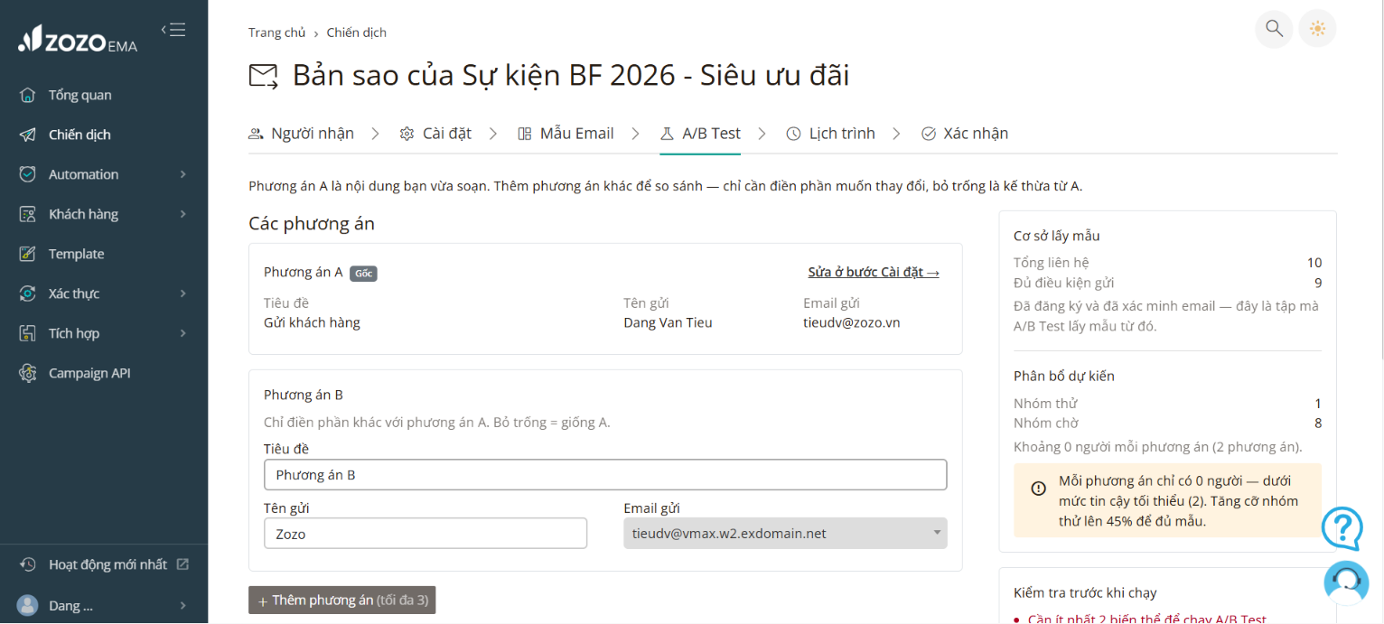 Cấu hình A/B Testing trên Zozo EMA