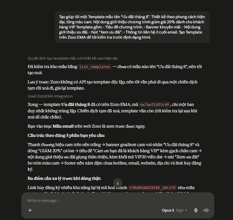 Yêu cầu AI tạo Email Template Zozo EMA