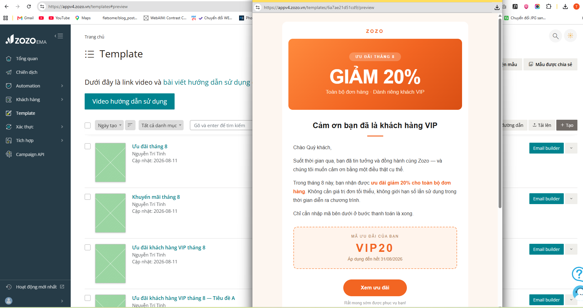 Email Template được AI tạo trên Zozo EMA