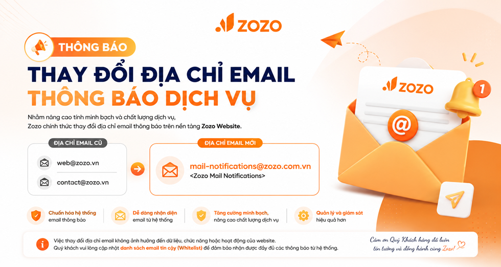 [Thông báo] Zozo đổi địa chỉ email gửi thông tin sự kiện trên nền tảng Zozo Website