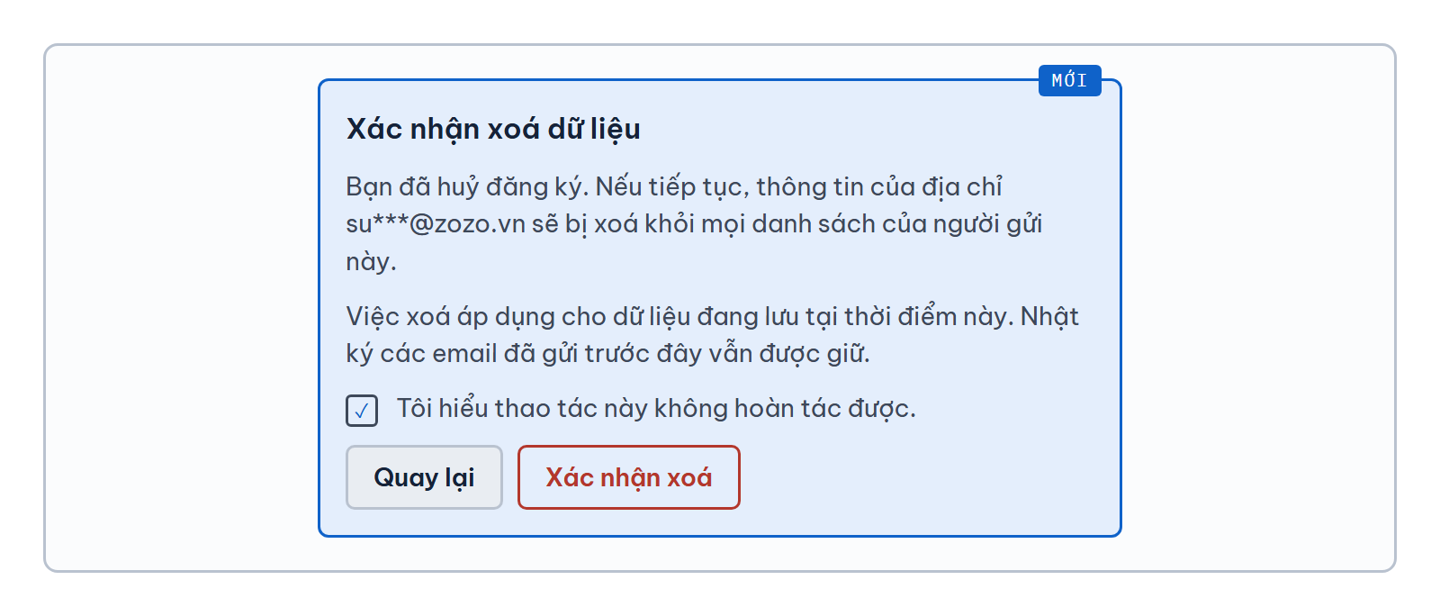 Hộp xác nhận xoá dữ liệu, người nhận phải tick xác nhận trước khi xoá