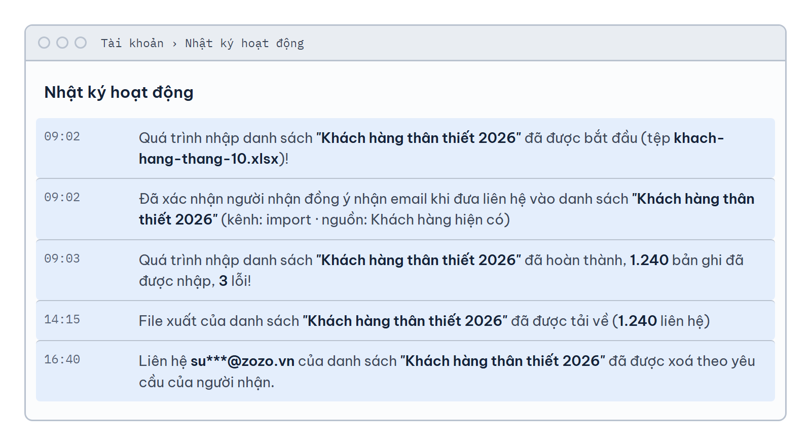 Nhật ký hoạt động với các dòng nhập danh sách, xác nhận đồng ý, tải file và xoá theo yêu cầu