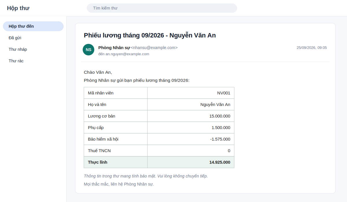 Email phiếu lương nhân viên nhận được sau khi gửi hàng loạt