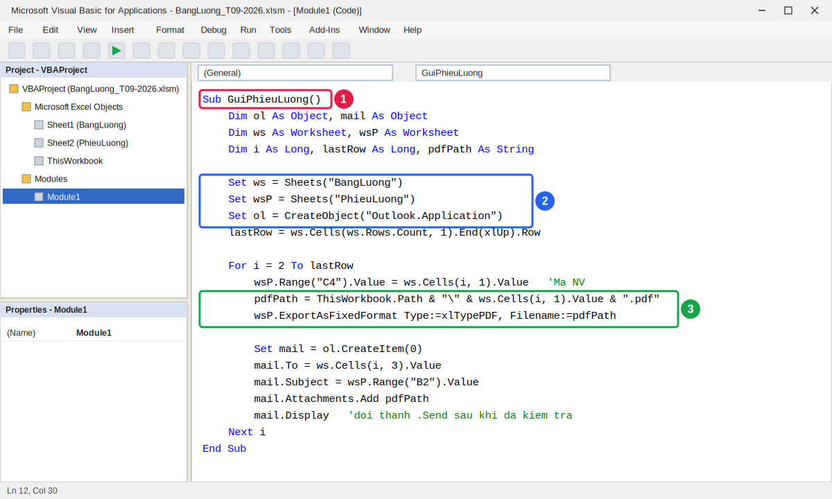 Cửa sổ VBA trong Excel với macro gửi phiếu lương qua Outlook