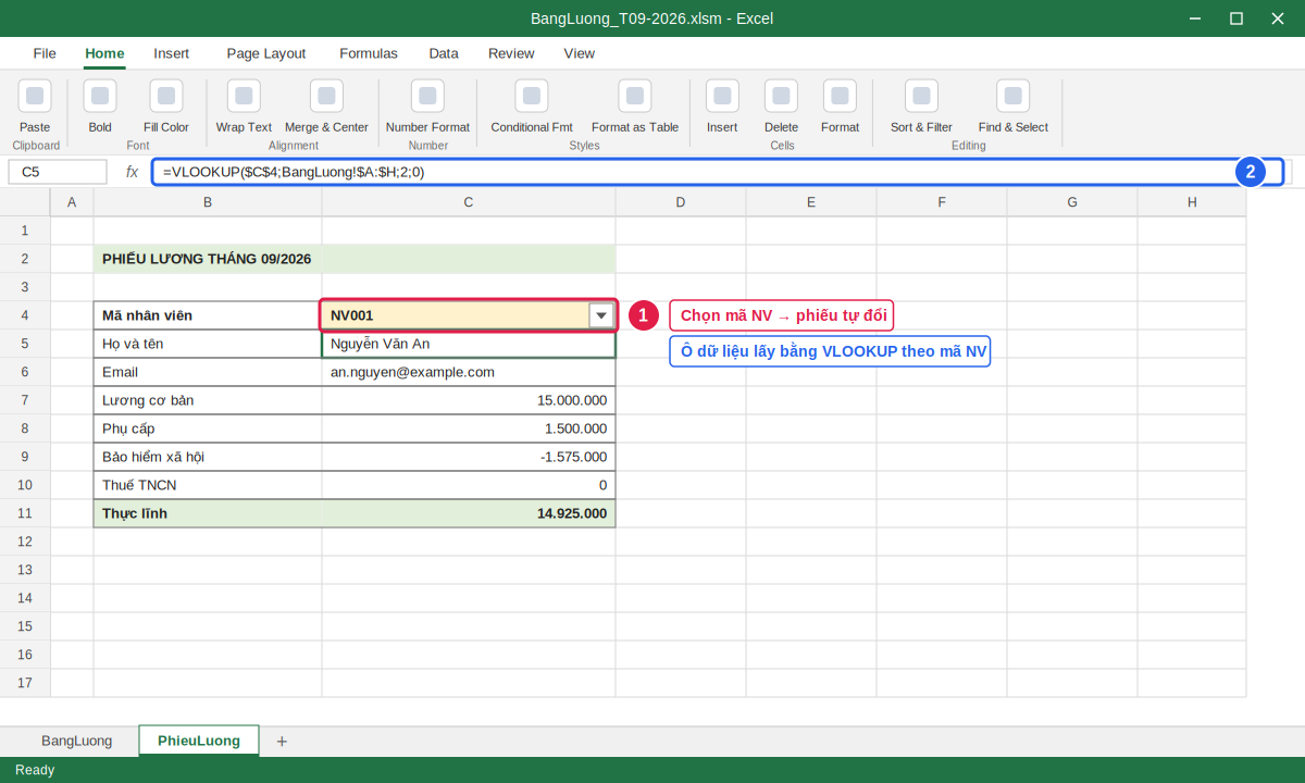 Sheet phiếu lương mẫu trong Excel dùng VLOOKUP theo mã nhân viên