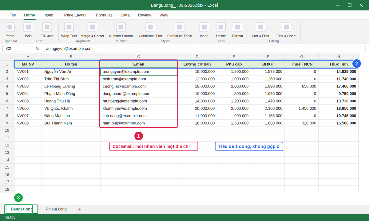 File Excel bảng lương mẫu có cột Email để gửi phiếu lương hàng loạt