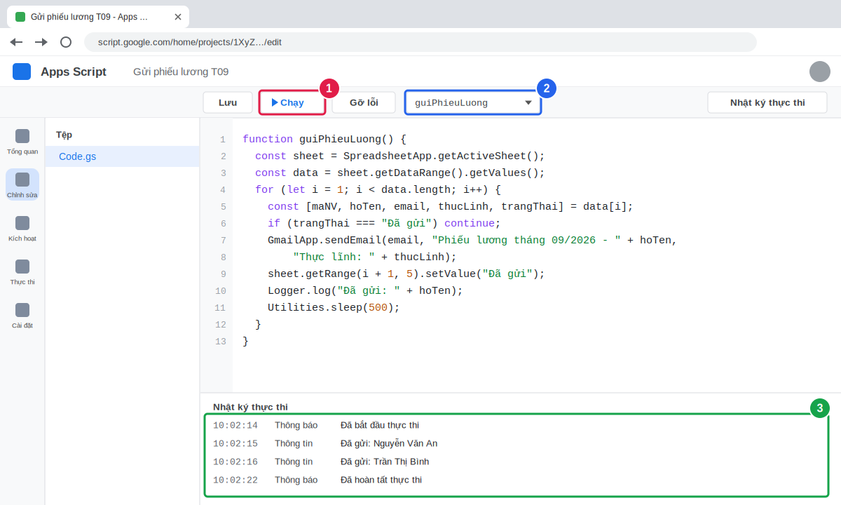 Giao diện Google Apps Script với đoạn code gửi phiếu lương qua Gmail
