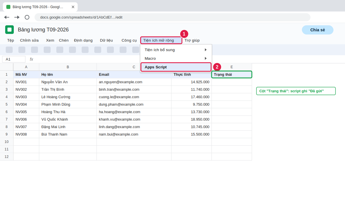 Mở Apps Script từ menu Tiện ích mở rộng trong Google Sheets
