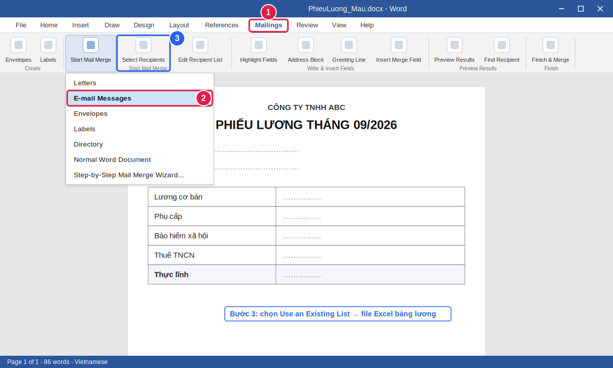 Chọn Start Mail Merge và E-mail Messages trong thẻ Mailings của Word