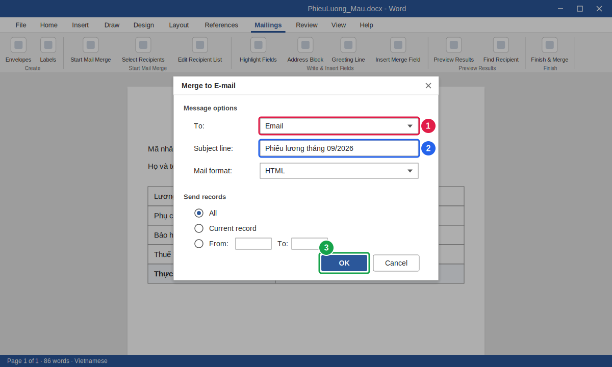Hộp thoại Merge to E-mail khi gửi phiếu lương bằng Mail Merge