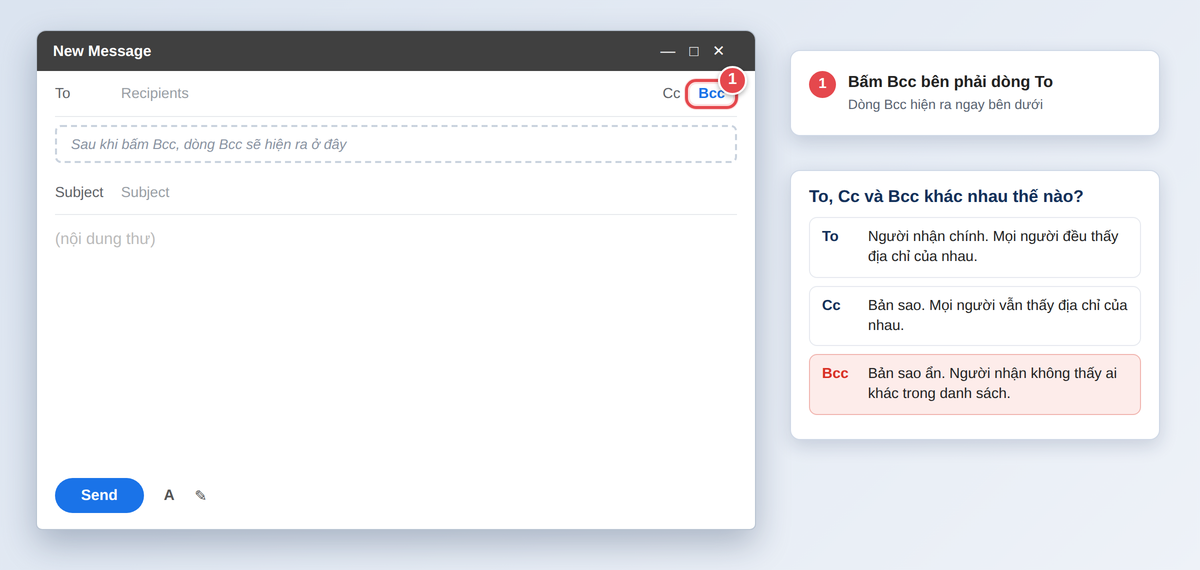 Bấm Bcc bên phải dòng To trong Gmail để hiện ô Bcc