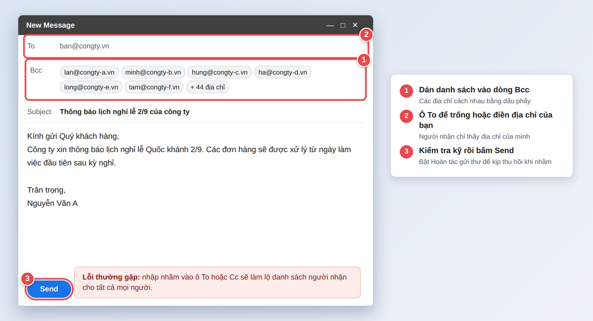 Dán danh sách email vào ô Bcc, để trống ô To và kiểm tra trước khi bấm Send