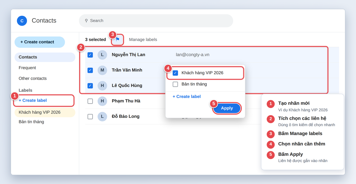 Tạo nhãn trong Google Contacts và thêm các liên hệ vào nhãn bằng Manage labels