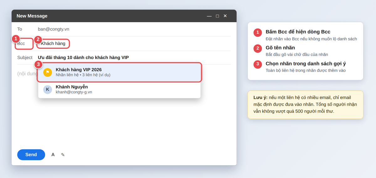 Gõ tên nhãn vào ô Bcc trong Gmail và chọn nhãn từ danh sách gợi ý