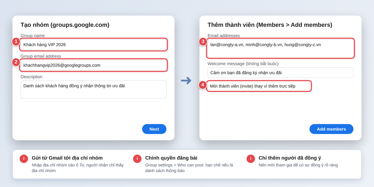 Tạo nhóm trên Google Groups với tên, địa chỉ email nhóm và thêm thành viên