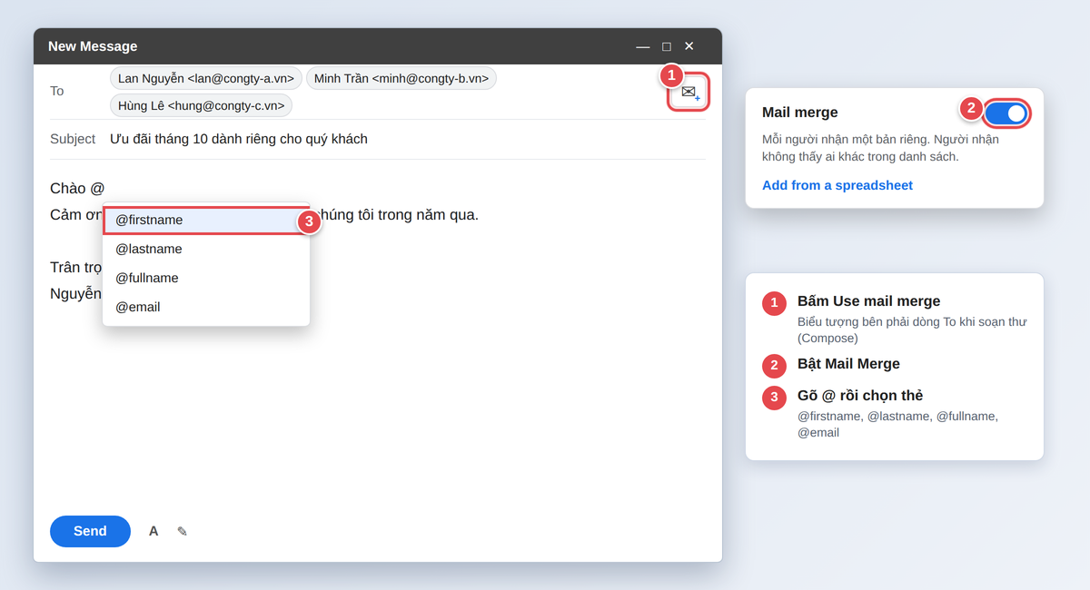 Bật Mail Merge trong Gmail bằng nút Use mail merge và chèn thẻ @firstname
