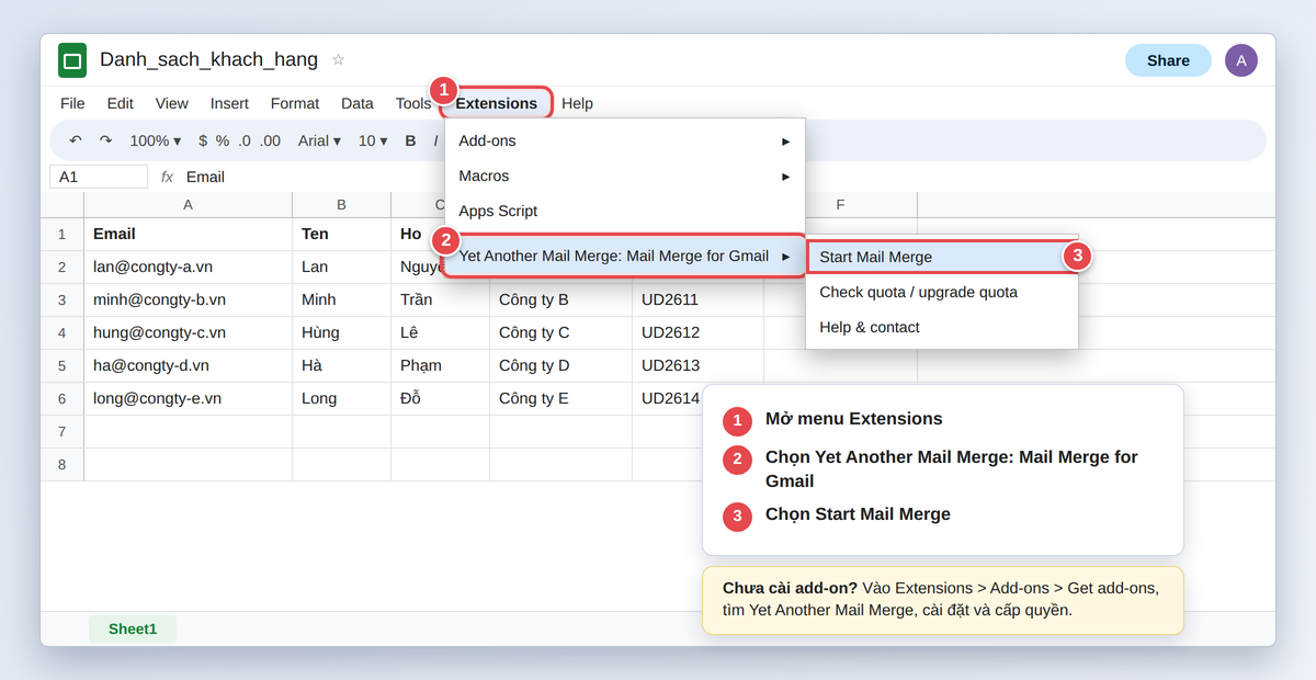 Mở YAMM từ menu Extensions trong Google Sheets và chọn Start Mail Merge