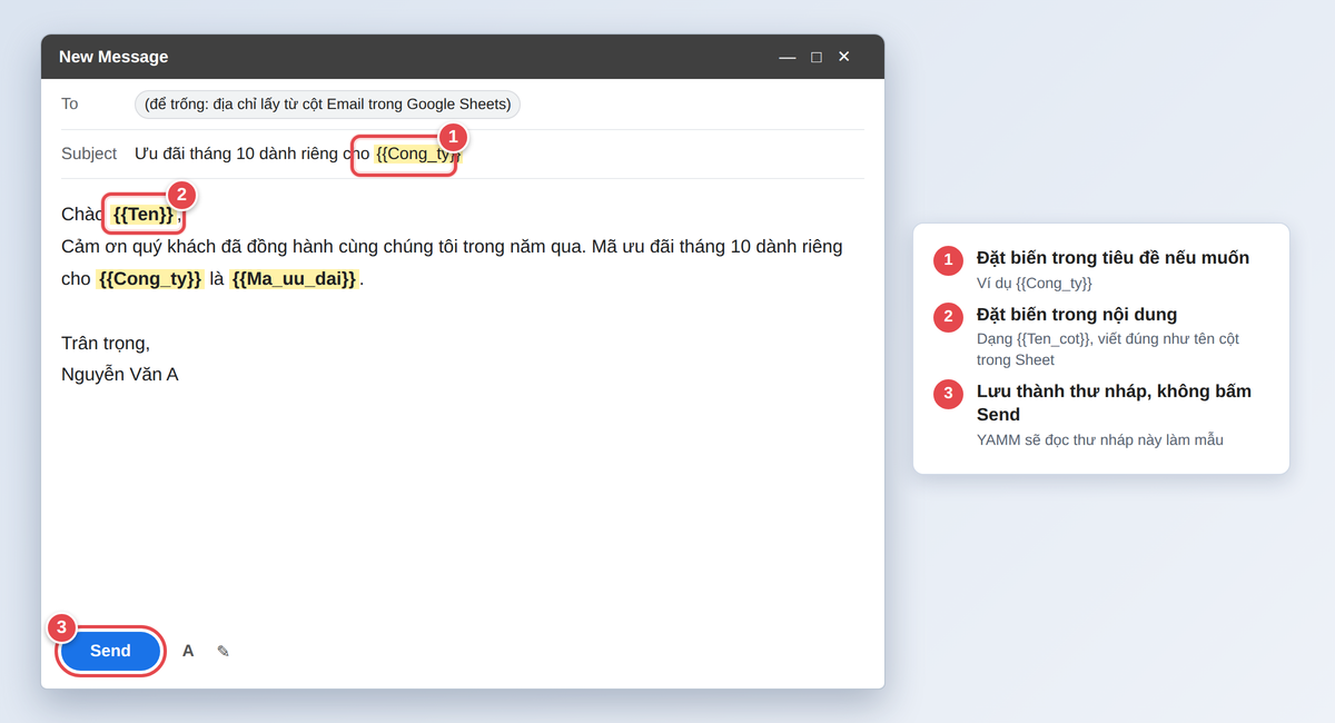 Soạn thư nháp trong Gmail có các biến {{Ten}}, {{Cong_ty}}, {{Ma_uu_dai}} để làm mẫu cho YAMM