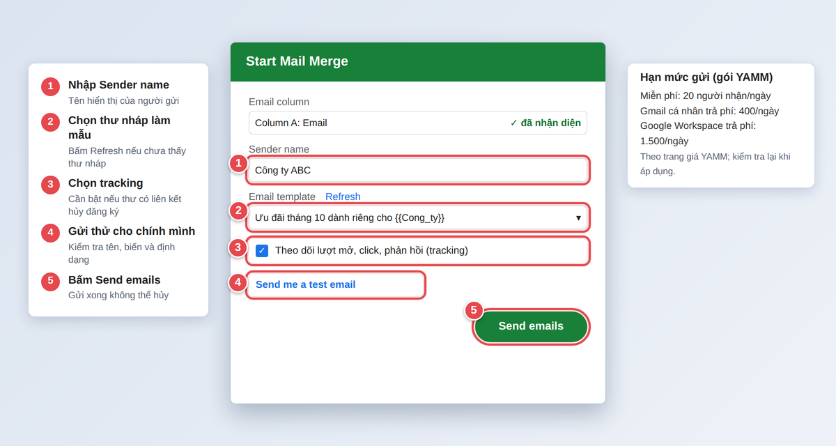 Cửa sổ Start Mail Merge của YAMM: nhập Sender name, chọn Email template, bật tracking, gửi thử và Send emails