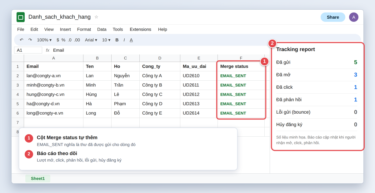 Cột Merge status EMAIL_SENT và báo cáo theo dõi lượt mở, click, phản hồi trong Google Sheets với YAMM