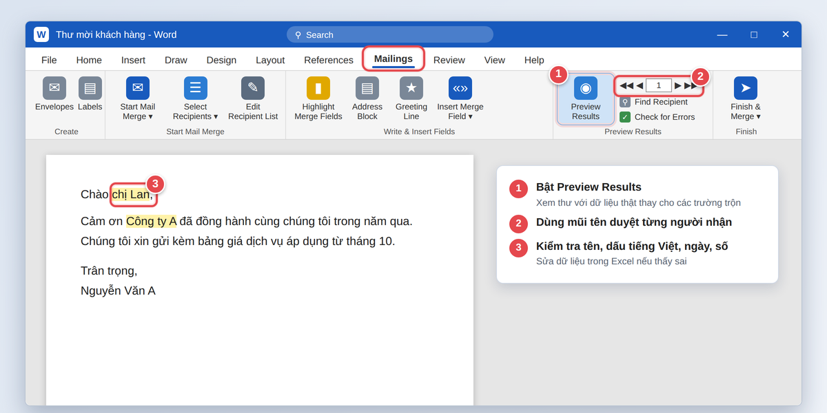 Xem trước kết quả trộn thư bằng Preview Results trong Word