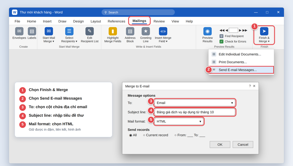 Hộp thoại Merge to E-mail chọn cột Email, tiêu đề và định dạng HTML
