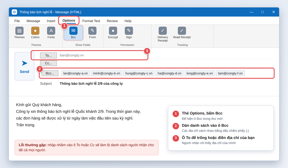 Gửi email hàng loạt bằng ô BCC trong Outlook để ẩn danh sách người nhận