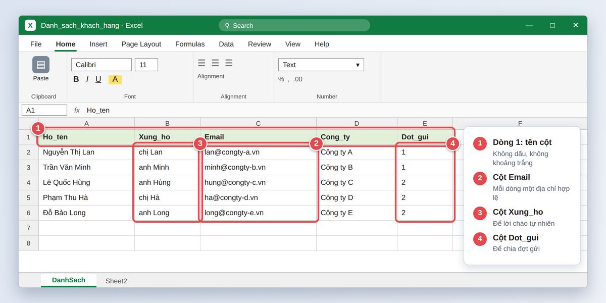 File Excel mẫu cho mail merge với các cột Ho_ten, Email, Cong_ty