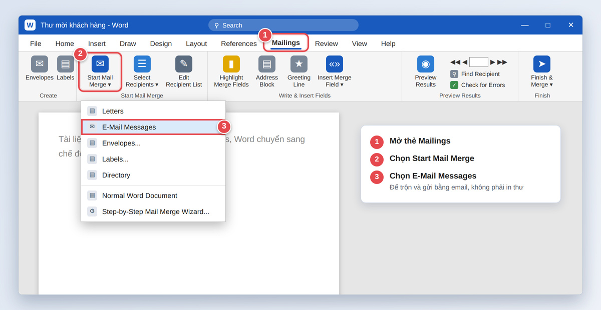 Chọn Start Mail Merge và E-Mail Messages trong thẻ Mailings của Word