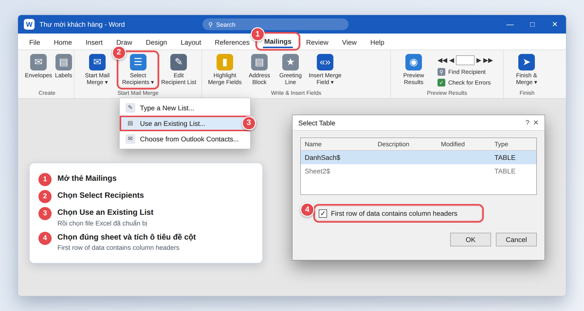 Chọn Select Recipients, Use an Existing List và chọn sheet Excel trong Word