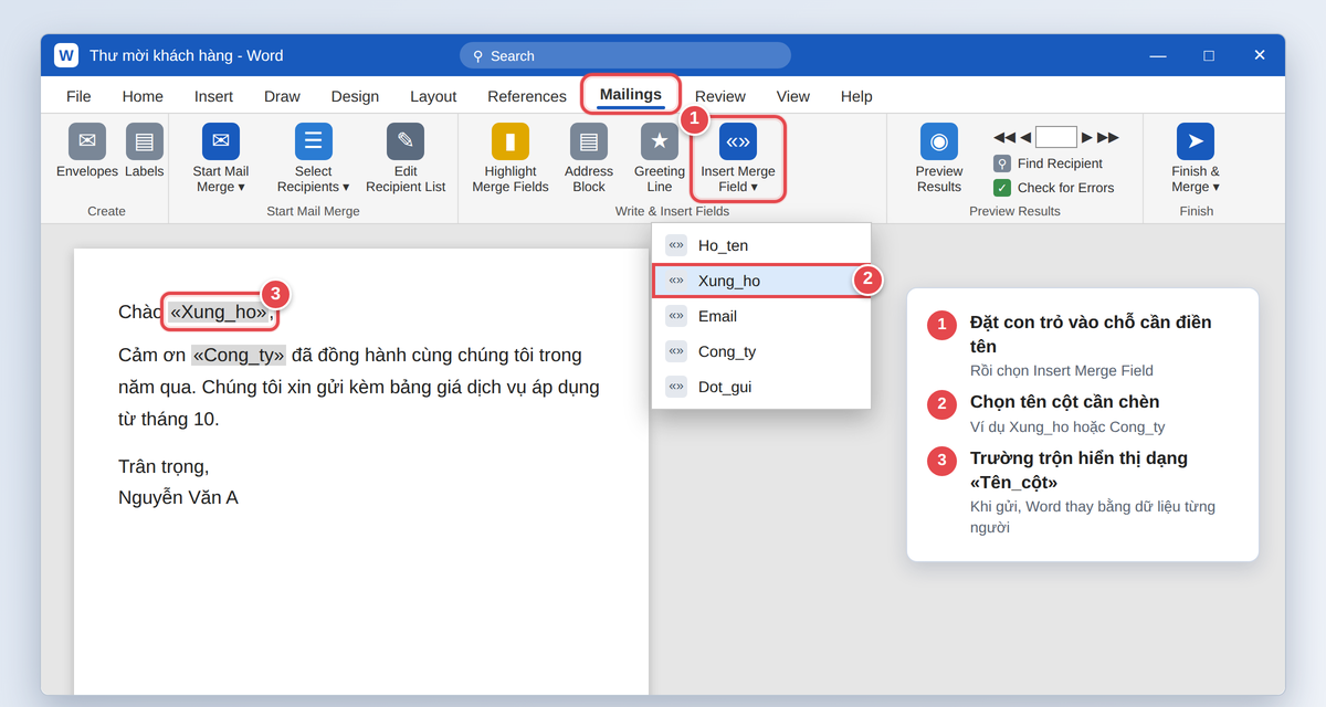 Chèn trường cá nhân hóa Insert Merge Field vào mẫu thư trong Word